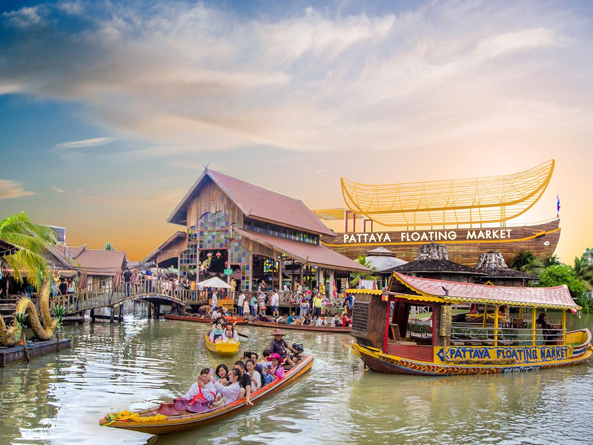 Colorful wooden boats at Pattaya's Four Regions Floating Market
