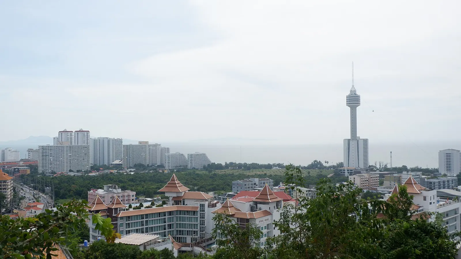 Pattaya Bay and the beachfront towers, seen from the Wat Phra Yai viewpoint