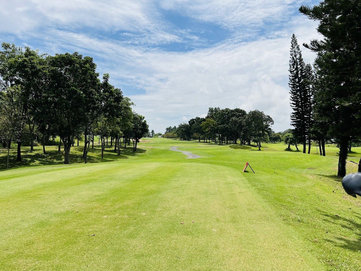 Lush tropical golf course fairway in Pattaya Thailand with palm trees and blue sky